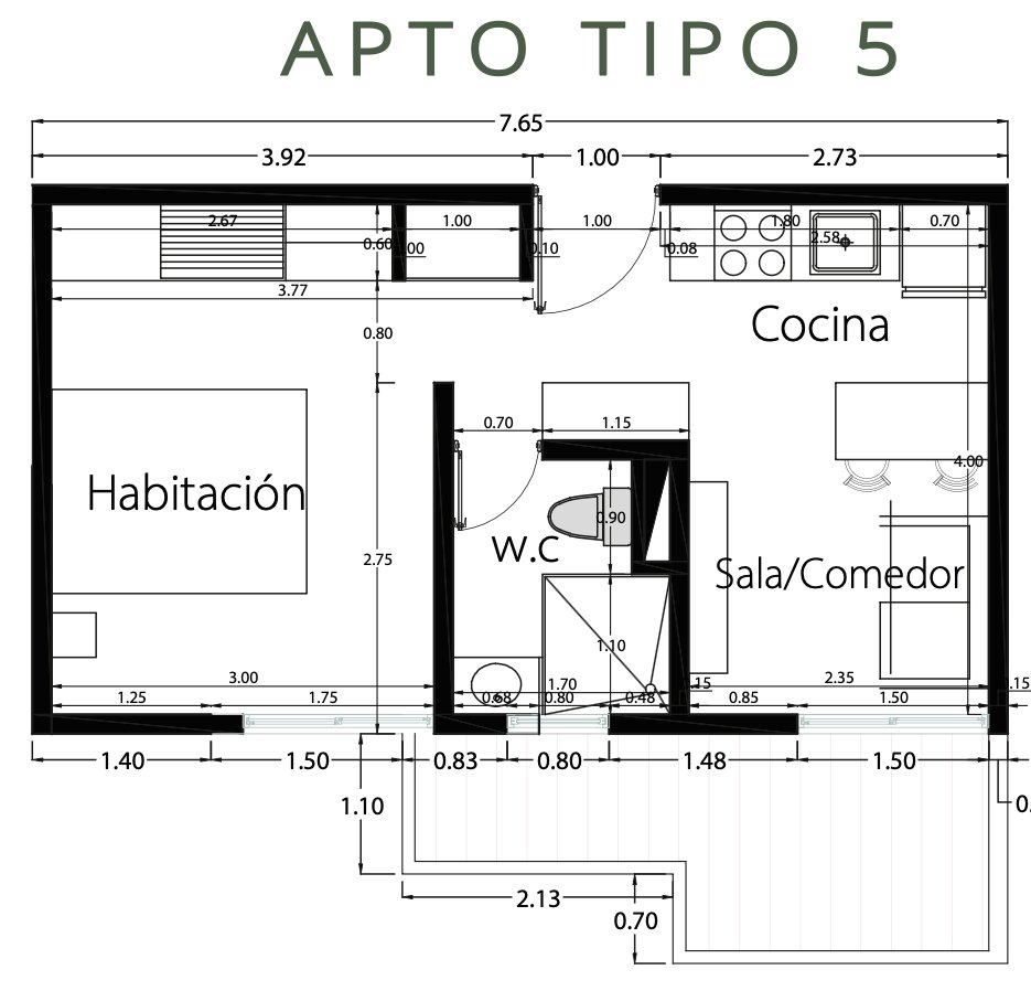 Plano del apartamento tipo 5 de Doral Suites: habitación, baño, cocina, sala-comedor y balcón