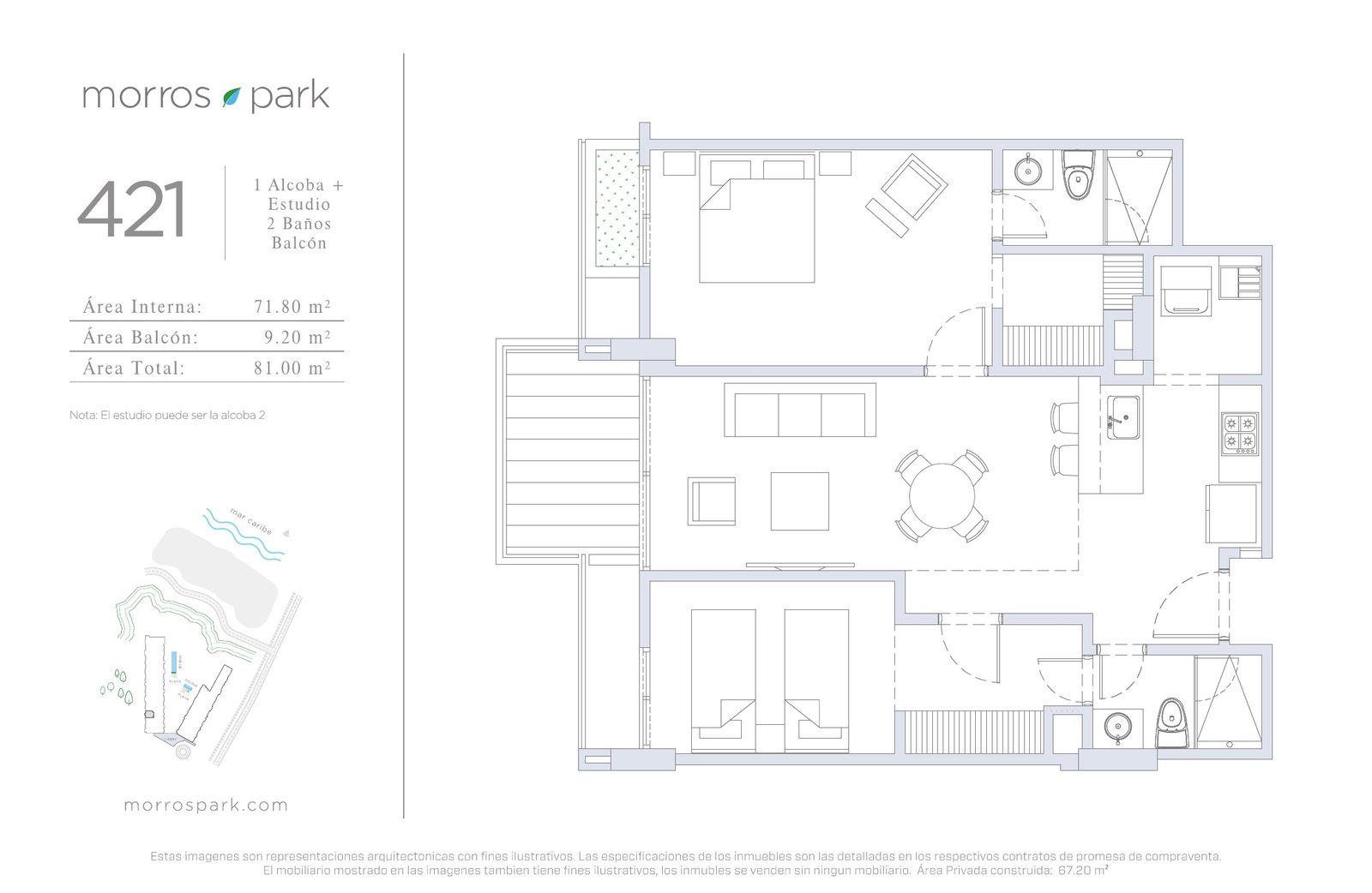 Plano del apartamento 421 de Morros Park: alcoba, estudio, dos baños y balcón