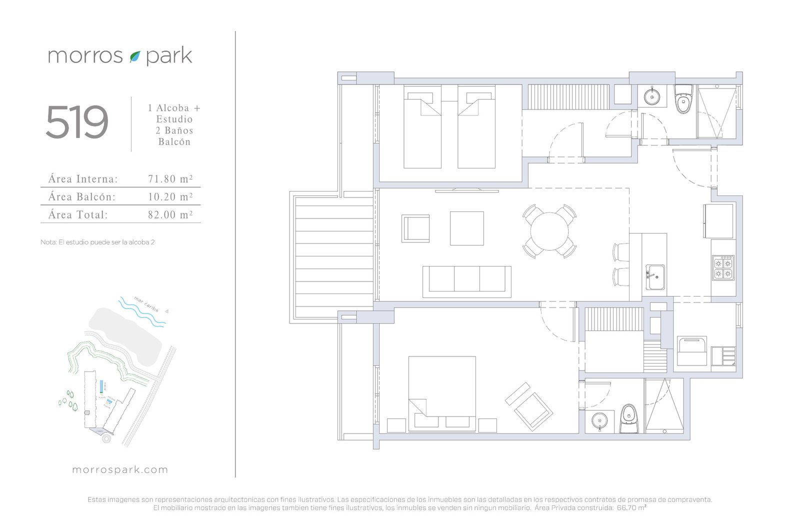Plano del apartamento 519 de Morros Park: alcoba, estudio, dos baños y balcón