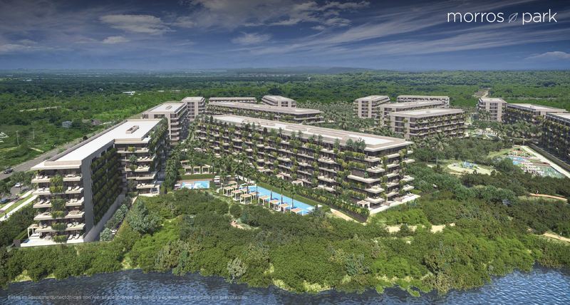 Morros Park — vista aérea de los edificios, la piscina y la vegetación (render)
