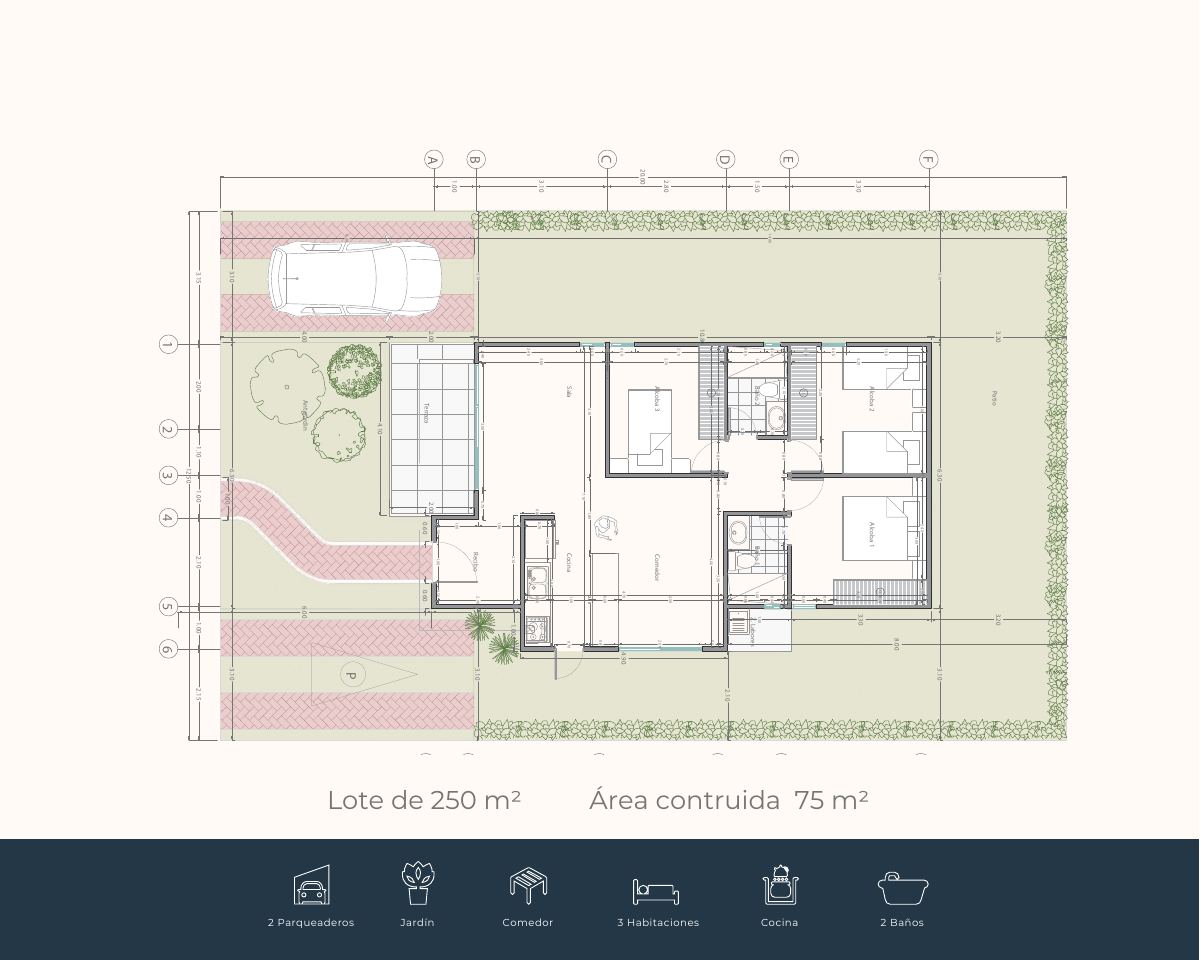 Plano de la casa de una planta de Blue Garden, con lote de 250 m² y área construida de 75 m²