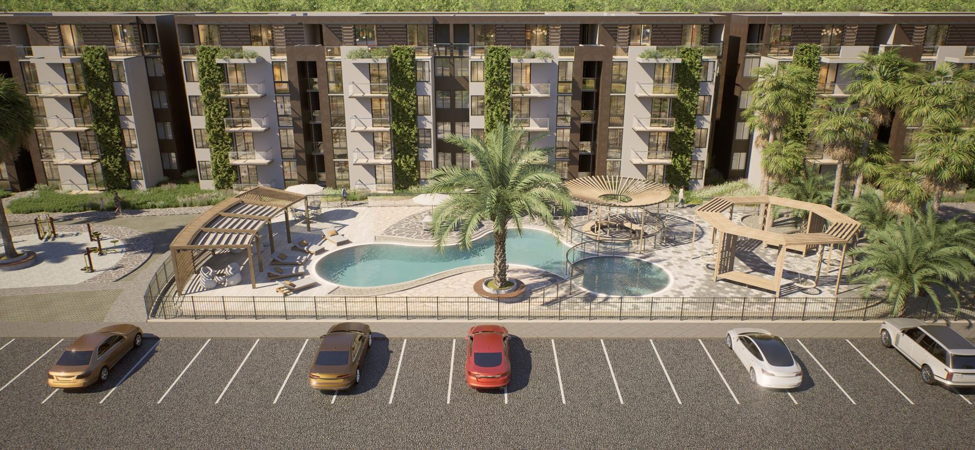 Doral Country — torres, piscina y parqueadero del condominio