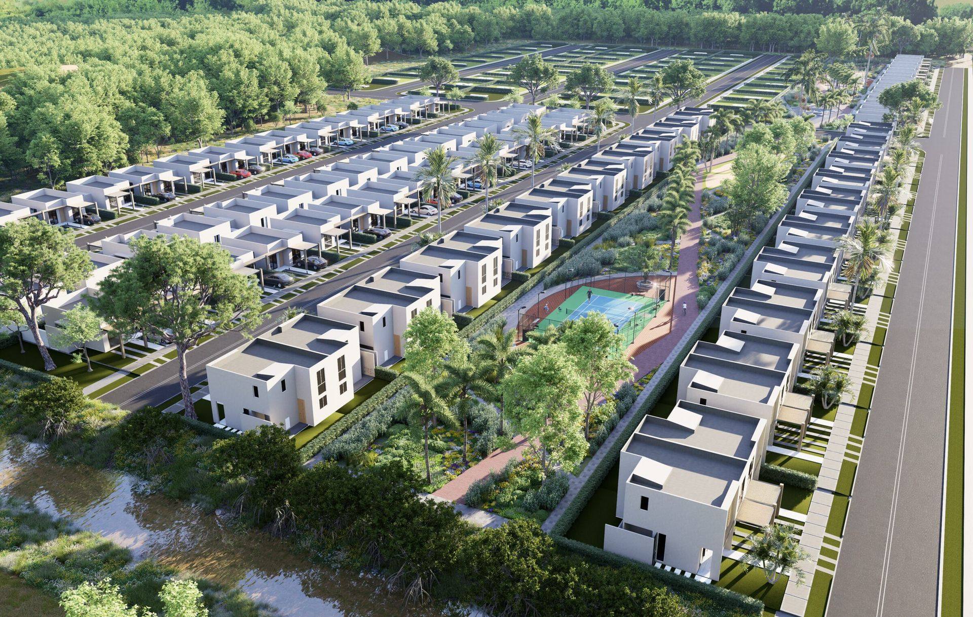 Doral West — vista aérea del condominio de casas junto a la Vía al Mar